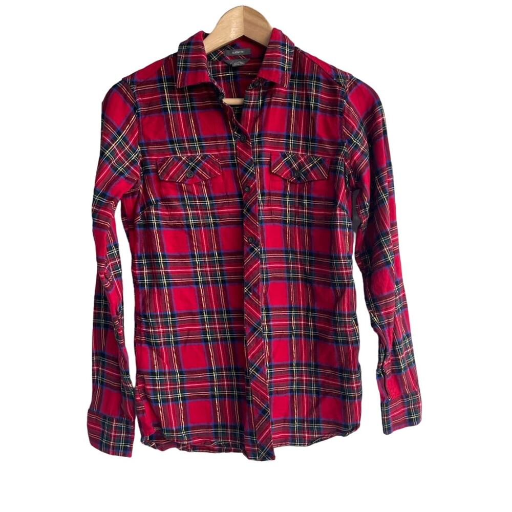 EDDIE BAUER classic cotton red green blue plaid flannel button down shirt
